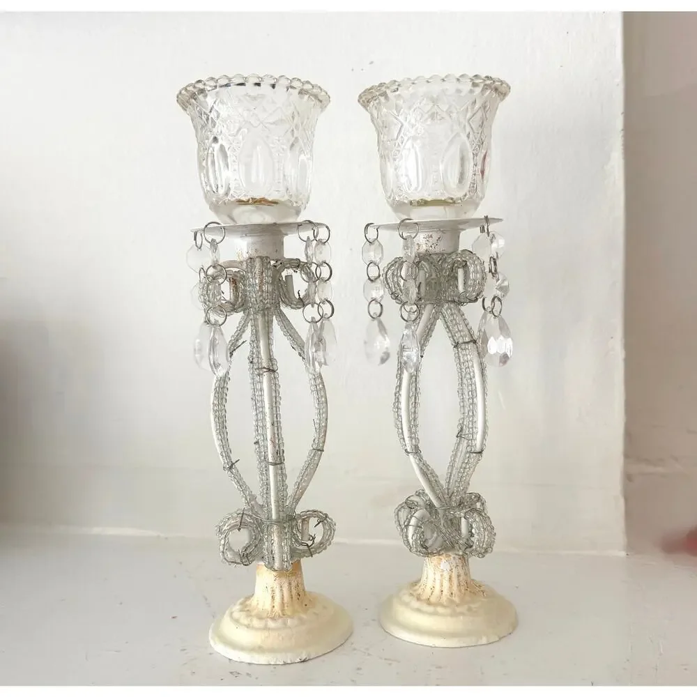 Vintage Pair Beaded Wire Votive Candle Holder Crystal Cut Glass Cottage Shabby